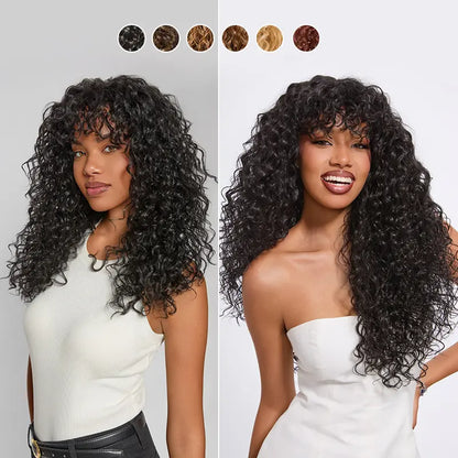 Human Hair Boho Curly Wig with Bangs Shaggy Waves Ready to Wear