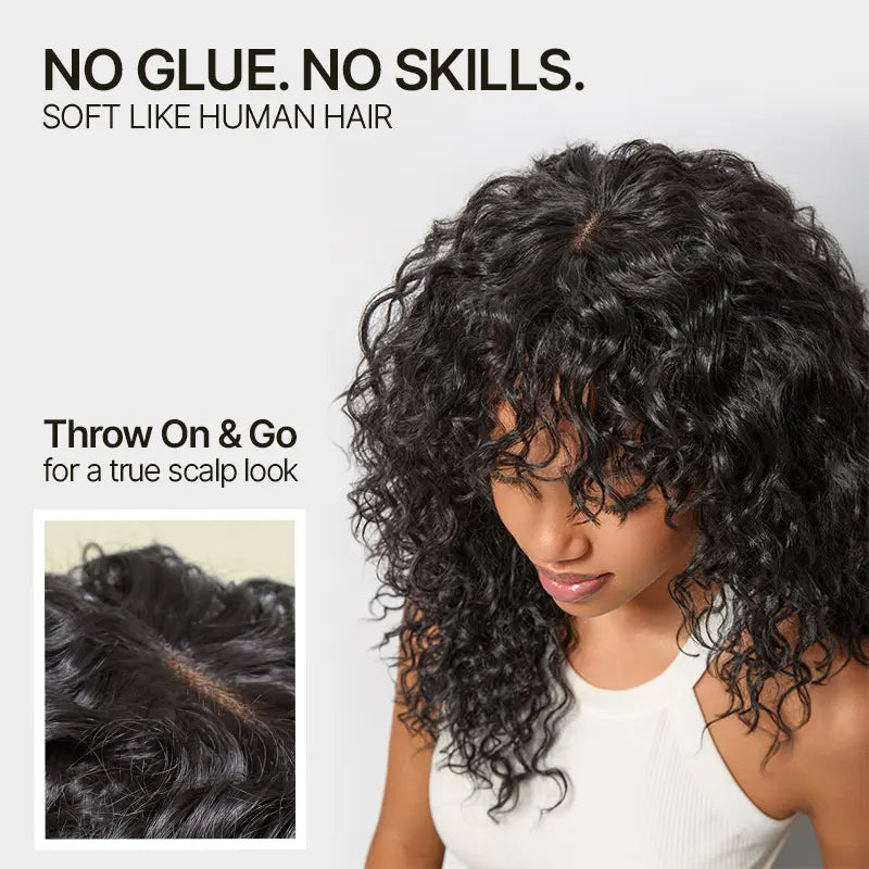 Human Hair Boho Curly Wig with Bangs Shaggy Waves Ready to Wear