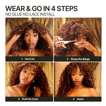 Human Hair Boho Curly Wig with Bangs Shaggy Waves Ready to Wear