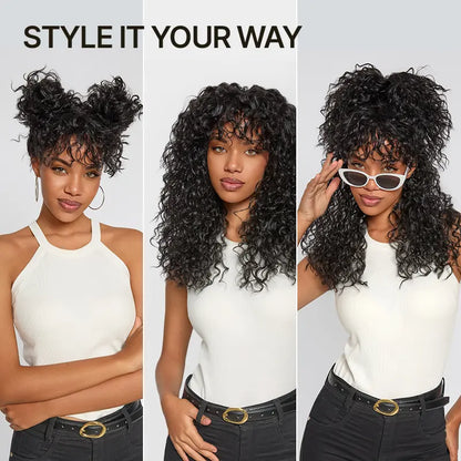 Human Hair Boho Curly Wig with Bangs Shaggy Waves Ready to Wear