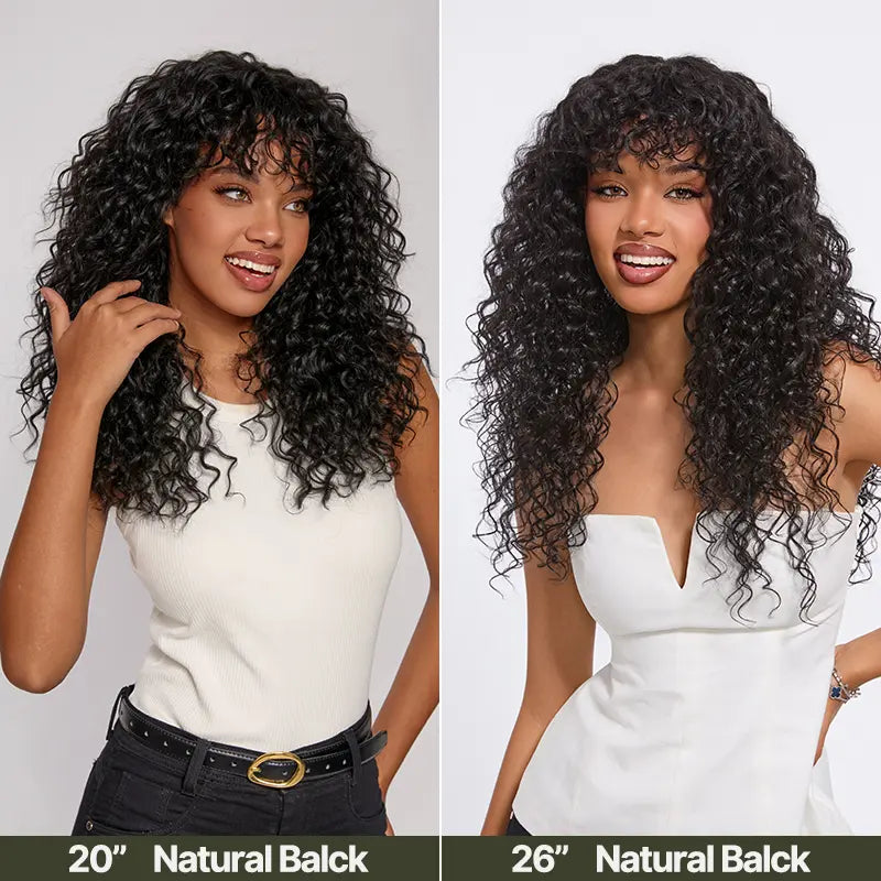 Human Hair Boho Curly Wig with Bangs Shaggy Waves Ready to Wear