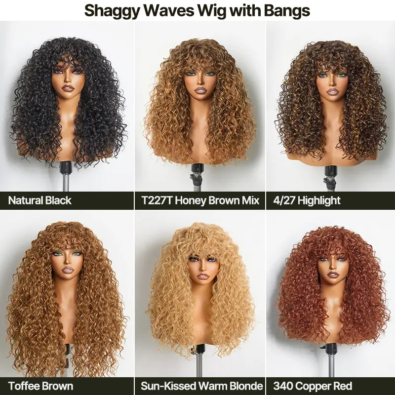 Human Hair Boho Curly Wig with Bangs Shaggy Waves Ready to Wear