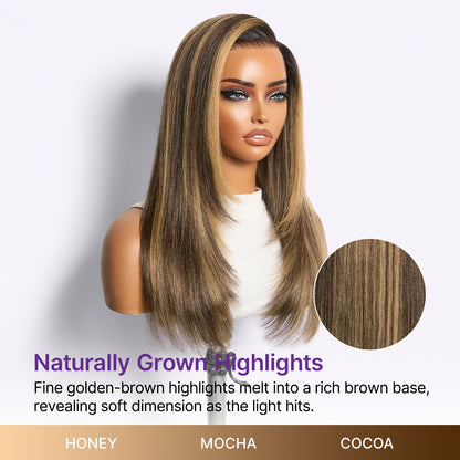 All-Day Comfort Wig 180% Density Blonde Highlight Butterfly Cut Layered Light Yaki Straight Glueless 7x6 Closure HD Lace Wig Pre-Cut Lace
