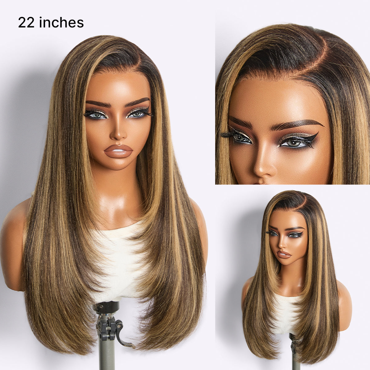 All-Day Comfort Wig 180% Density Blonde Highlight Butterfly Cut Layered Light Yaki Straight Glueless 7x6 Closure HD Lace Wig Pre-Cut Lace