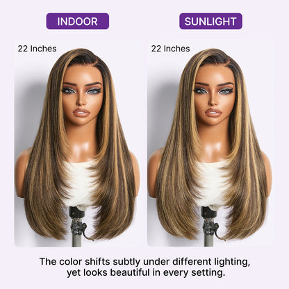 All-Day Comfort Wig 180% Density Blonde Highlight Butterfly Cut Layered Light Yaki Straight Glueless 7x6 Closure HD Lace Wig Pre-Cut Lace