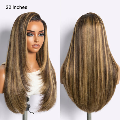 All-Day Comfort Wig 180% Density Blonde Highlight Butterfly Cut Layered Light Yaki Straight Glueless 7x6 Closure HD Lace Wig Pre-Cut Lace