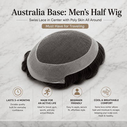 Australia Base: Men's Half Wig | Swiss Lace in Center with Poly skin All Around | Must Have for Traveling