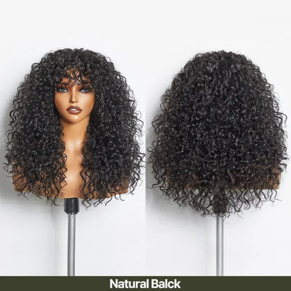Human Hair Boho Curly Wig with Bangs Shaggy Waves Ready to Wear