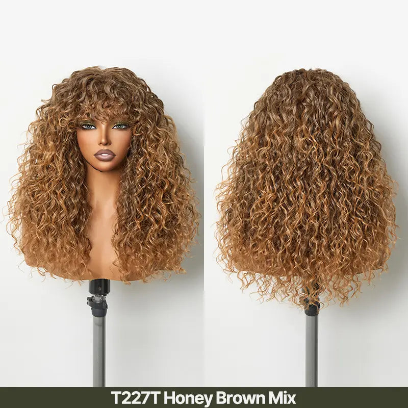 Human Hair Boho Curly Wig with Bangs Shaggy Waves Ready to Wear