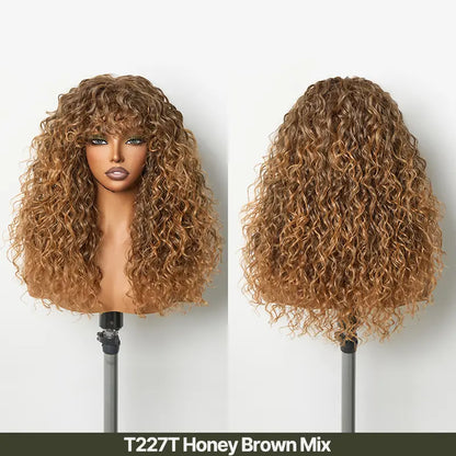 Human Hair Boho Curly Wig with Bangs Shaggy Waves Ready to Wear
