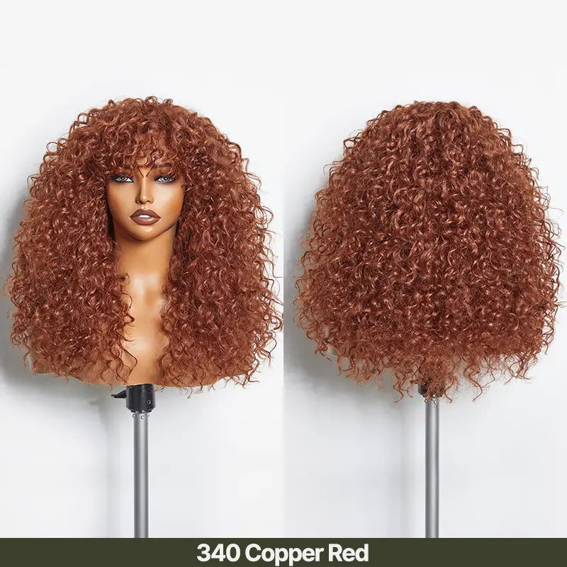 Human Hair Boho Curly Wig with Bangs Shaggy Waves Ready to Wear