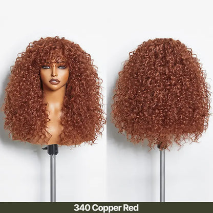 Human Hair Boho Curly Wig with Bangs Shaggy Waves Ready to Wear