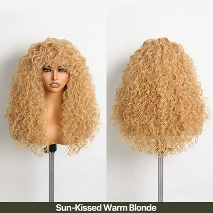 Human Hair Boho Curly Wig with Bangs Shaggy Waves Ready to Wear