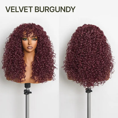 Human Hair Boho Curly Wig with Bangs Shaggy Waves Ready to Wear