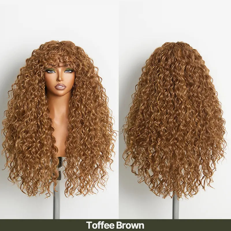 Human Hair Boho Curly Wig with Bangs Shaggy Waves Ready to Wear