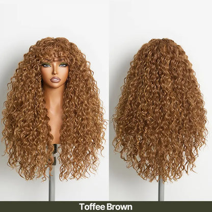 Human Hair Boho Curly Wig with Bangs Shaggy Waves Ready to Wear